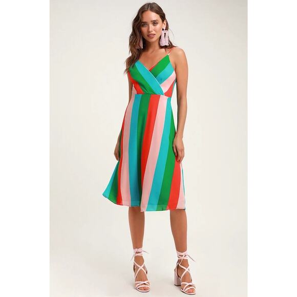NEW Lulus Vivacious Veronica Green Multi-Striped Midi Dress Sleeveless Small - Picture 1 of 16